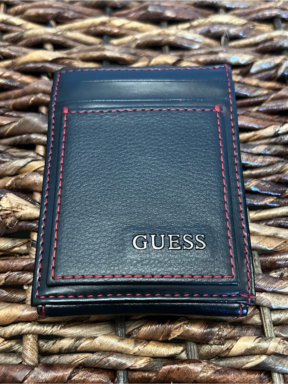 GUESS Black Money Clip Card Holder with Red Stitching